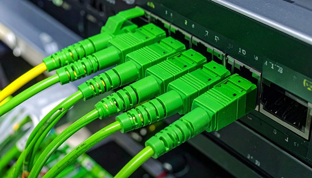 a network switch with green fiber optic cables plugged into sfp ports—clean, high capacity setup evokes structured clarity, crafted infrastructure, and the rhythm of digital connectivity.